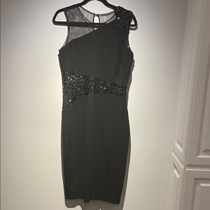 Badgley Mischka Sheer One Shoulder Black Dress with Sequin Accents